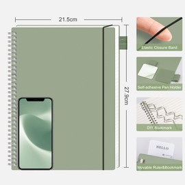 RETTACY A4 Notebook, Lined Wirebound Spiral Notebook College Ruled Paper 110 Pages for Writing, Journals for Women 100gsm, PVC Pocket, Pen Loop, Ruler, Bookmark, 21.5 x 27.9cm - Light Green