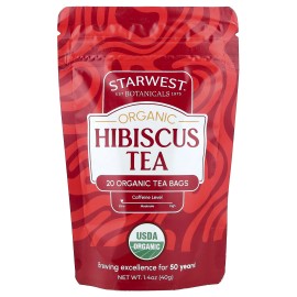 Starwest Botanicals Organic Hibiscus Tea, Caffeine Free, 20 Organic Tea Bags, 1.4 oz (40 g)