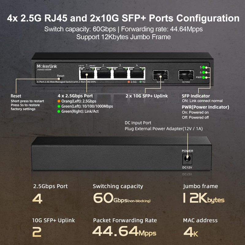 MokerLink 4 Port 2.5G Managed Switch with 2 Port 10G