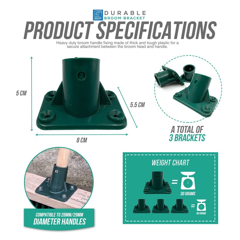 3-Pack Plastic Broom Bracket, 4 Screw Holes Heavy Duty Broom