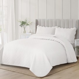 Quilt Queen Size White - 3 Piece Lightweight Bedding Set (90"x96") - Reversible Microfiber Bedspread with Embossed Coin Pattern, All Season Coverlet for Queen Size Bed (1 Quilt, 2 Pillow Shams)