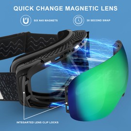 EMSINA A1 Ski Goggles Men,Ski Goggles Women.Anti-Fog/Scratch 100% UV400-Magnetic Lens-Snowboard Snow Goggles Men Women Adult & Junior(S3-BlackFrame/EmeraldLensVlt 17%) Adult