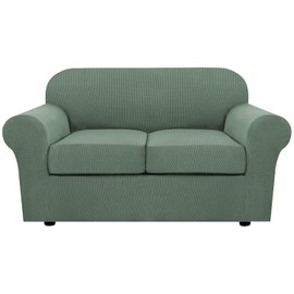 H.VERSAILTEX 3 Piece Stretch Sofa Covers for 2 Cushion Loveseat Couch Covers for Living Room Sofa Slipcovers (Base Cover Plus 2 Seat Cushion Covers) Thicker Jacquard Fabric(Medium, Loden Frost)