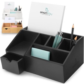 smartday Wooden Desk Organiser Black with Drawer - Pen Box, Desk Tray, Office Organiser, Bamboo Pen Holder for Desk, Office, Home Office