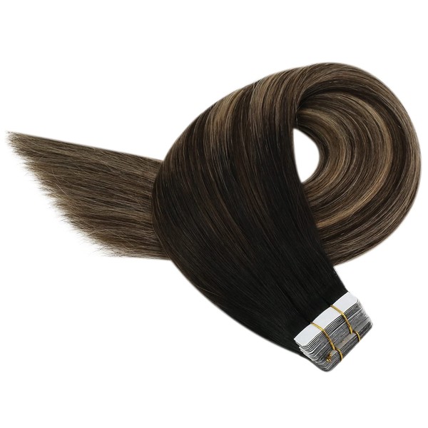 YoungSee Ombre Balayage Tape-In Real Hair Extensions Natural Black to Dark Brown with Caramel Blonde Hair Extensions Real Hair Tapes Remy Tape-In Real Hair Extensions Straight 20 Pieces 50 g 40 cm