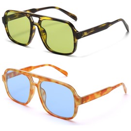 Hycredi Retro Aviator Sunglasses for Women Men, Trendy Square Shades, Vintage Classic Rectangle Sun Glasses - Leopard/Blue + Leopard/Green