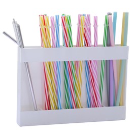 White Acrylic Straw Holder & Tumbler Organizer for Cabinet Door, Countertop – Reusable Straw Storage Dispenser with Double-Sided Tape, Multi-Use Kitchen Cabinet Organizer for Straws, Accessories