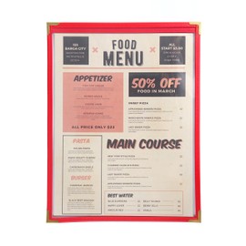 Ylittaa Menu Covers, Single Page, 1 Pocket, 2 View, for 8.5" x 11" Letter Size Paper, Pack of 6, Red Edging + Gold Metal Corner, Made with Leatherette & Vinyl
