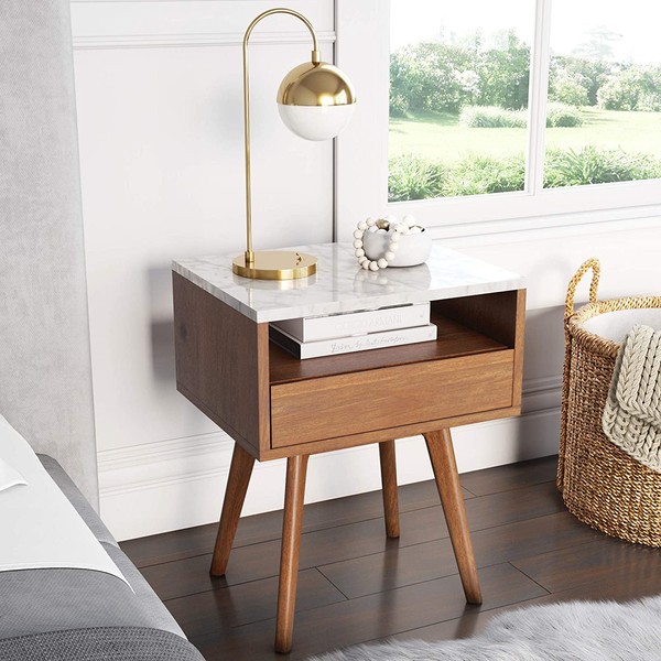 Nathan James James Mid-Century Round Accent Side or End Table Walnut Finish Wood and Faux Marble Top with Storage Nightstand, Frame, White/Brown