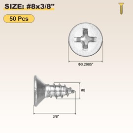 METALLIXITY Countersunk Phillips Wood Screw (#8x3/8) 50Pcs, 304 Stainless Steel Coarse Thread Phillips Drive Flat Head Wood Screws - for Furniture Installation Repair, Silver