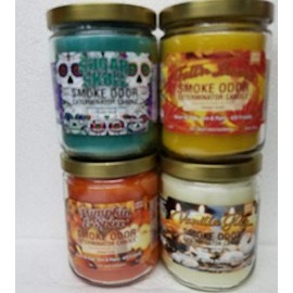 Smoke Odor Exterminator 13 oz Jar Candle, Sugar Skull, Set of 4 Candles Includes Sugar Skull, Fall N Leavs, Pumpkin & Spice and Vanilla Glits.