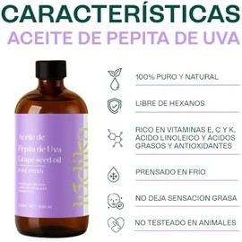 HEBBE - Aceite de Uva Pepita 500 ml  Combate Líneas de Expresión  Estimula Producción de Colágeno y Elastina  No Obstruye Poros  Hidratante de Piel