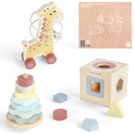 FReniland Montessori Toys for 1 Year Old，3-in-1 Wooden Baby Toys，Wooden Stacking Toy，Toddler Shape Sorting Cube, Giraffe Ring Toy,Newborn Baby Gift Sets for Boys and Girls