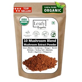 Leafy Organic 10 Mushrooms Complex Powder - USDA Organic Mushroom Extract Cordyceps, Chaga, Shiitake, Maitake, Turkey Tail etc - Supplement for Brain, Focus, & Immune Support (3.5 Oz / 100 Grams)