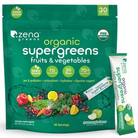 Zena Nutrition Organic Supergreens Greens Powder, 70+ Superfoods, 0 Sugar, 3G Fiber, Spirulina, Chlorella, Antioxidants, Prebiotics/Probiotics, Digestive Enzymes, Green Apple, 30 Drink Mix Packets Healthcare Dietary - Flavors: Green Apple, Pack Size: 30c