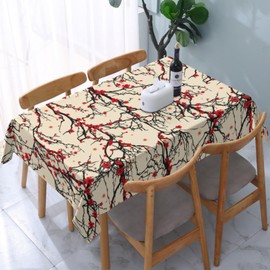 Plum Blossom Table Cloth Chinese Ink Black Red Tablecloths Wrinkle Free for Picnic Kitchen Holiday Dining Room Rectangle Polyester Washable(54 x 72 Inch)