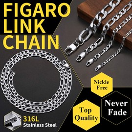 ChainsHouse 4 / 6 / 9 / 13 mm Figaro Chain Fashion Necklace, Stainless Steel / Silver / 18K Gold Plated / Black, Cool Necklace (14 Inch - 30 Inch) for Model / Hip / Pop / Rapper, Men and Women, Stainless Steel, 01 Silver
