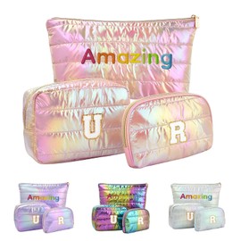 Hiroyuki Iridescent Quilted Makeup Bag, Unicorn Vibe Cosmetic Bag, Large Capacity Travel-Friendly Pouch (U R Amazing, Pink), Pink, U R Amazing