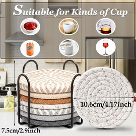 Absorbent Coasters Set of 8, Cotton Drink Coasters with Holder, 8-Color Woven Cup Coasters for Coffee Table, Home Décor, Bar, Housewarming Gift, 4.17 Inch