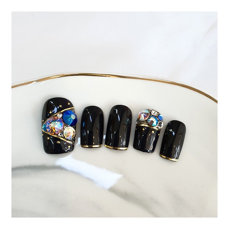 Gold Line Black Handmade Nail Tips - Almond / 골드라인