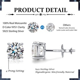 KRFY Moissanite Stud Earrings 1/1.6/2 Carat 5/6/6.5mm Brilliant Round Cut D Color VVS1 Clarity Lab Created Diamond Earrings 18K White Gold Plated Sterling Silver Earrings for Women