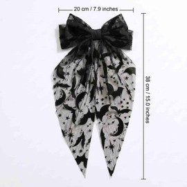 Large Black Bat Hair Bows Clips for Women Gothic Halloween Hair Accessories with Moon and Star Mesh Bats Big Bow with Long Tails Spooky Lace Clip Halloween Party Supplies Goth Punk Styling 1Pcs