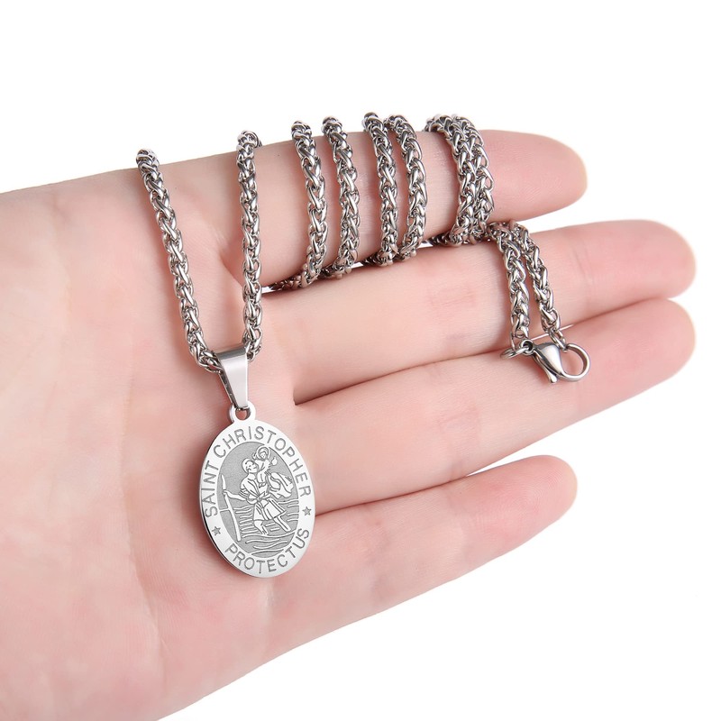 Aretas Saint Christopher Medal Necklace for Men Teen Boys, Silver