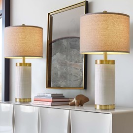 USumkky 24.5" Modern Ceramic White Bedside Lamp for Bedroom Decor Farmhouse Table Lamp for Living Room Office Dorm