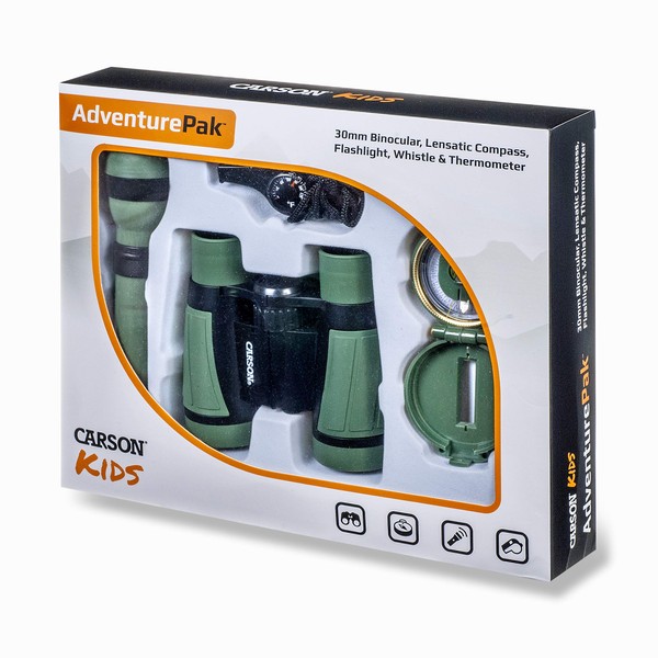 Carson AdventurePak Containing 30mm Kids Field Binoculars, Lensatic Compass, Flashlight and Signal Whistle with a Built-in Thermometer (HU-401), 4.2" x 2.3" x 1.5"