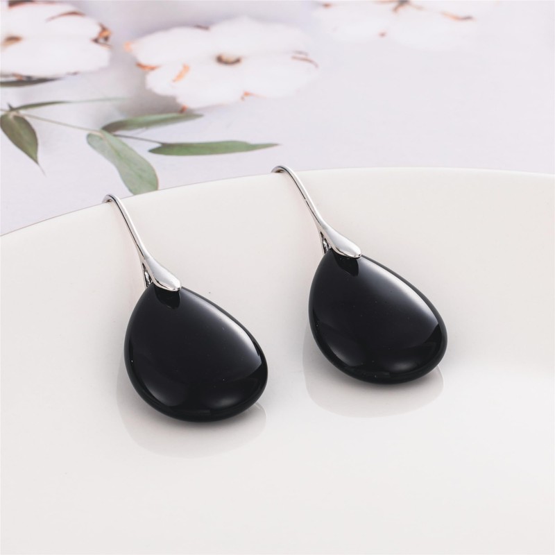 SELOVO Black Agate Stone Teardrop Fishhook Dangle Drop Earrings Silver