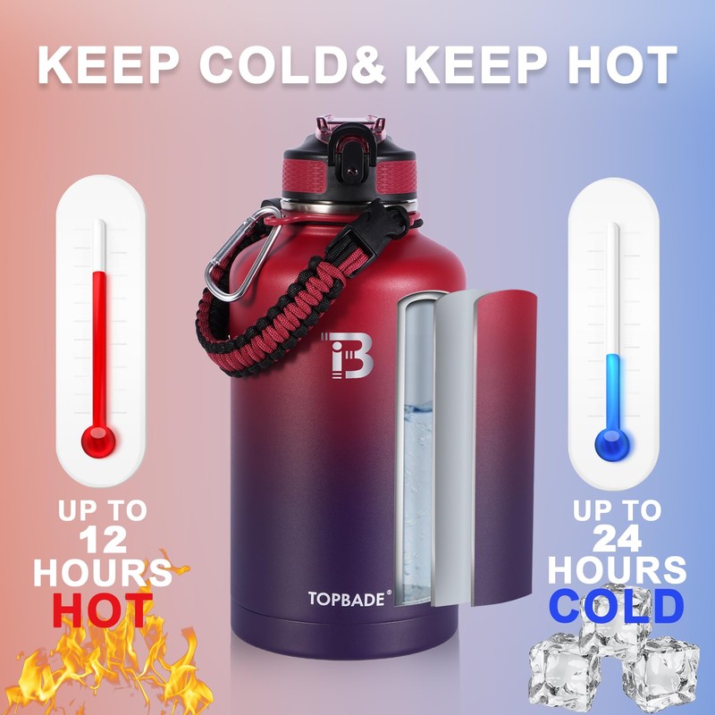 TOPBADE Half Gallon Insulated Water Bottle with Paracord Handle, 64oz