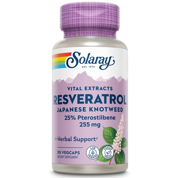 SOLARAY Super Resveratrol with Pterostilbene, 255 mg, Vegan, Gluten-Free, Laboratory Tested, Dietary Supplement with Resveratrol, Pterostilbene, Japanese Knotweed & Grape Extract, 30 Capsules
