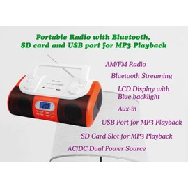 HANNLOMAX HX-509R Portable AM/FM Radio, Bluetooth, USB/SD Slot for MP3 Playback, Aux-in, AC/DC Dual Power Source. (Red)