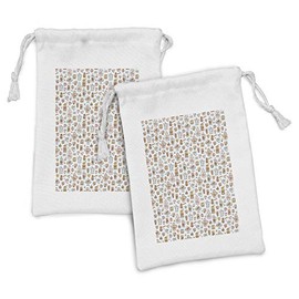 Ambesonne Tea Party Fabric Pouch Set of 2, Scattered Motifs of Coffee French Press Mocha Pot Cupcake Pastry Pretzels, Small Drawstring Bag for Toiletries Masks and Favors, 9" x 6", Pale Caramel Peach