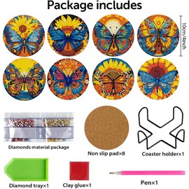 DOZEEZOP 8 PCS Diamond Art Coasters Kit, Diamond Painting Coasters with Holder, Fall Diamond Art Kits for Adults Beginners, Arts and Crafts Supplies Party Item Sets Sunflower Butterfly