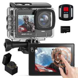 4K 60FPS Touchscreen Action Camera, Waterproof Camera with 64GB SD Card 8X Zoom 24MP Underwater Camera 131FT Sports Cameras 170° WIFI Cameras with 2*1350mAh Batteries Helmet Accessories Kit