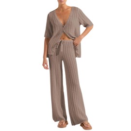 Imily Bela Women's Summer 2 Piece Swimsuit Cover up Crochet Knit Cardigan Tops Long Pants Set Bathing Suit Beach Outfit