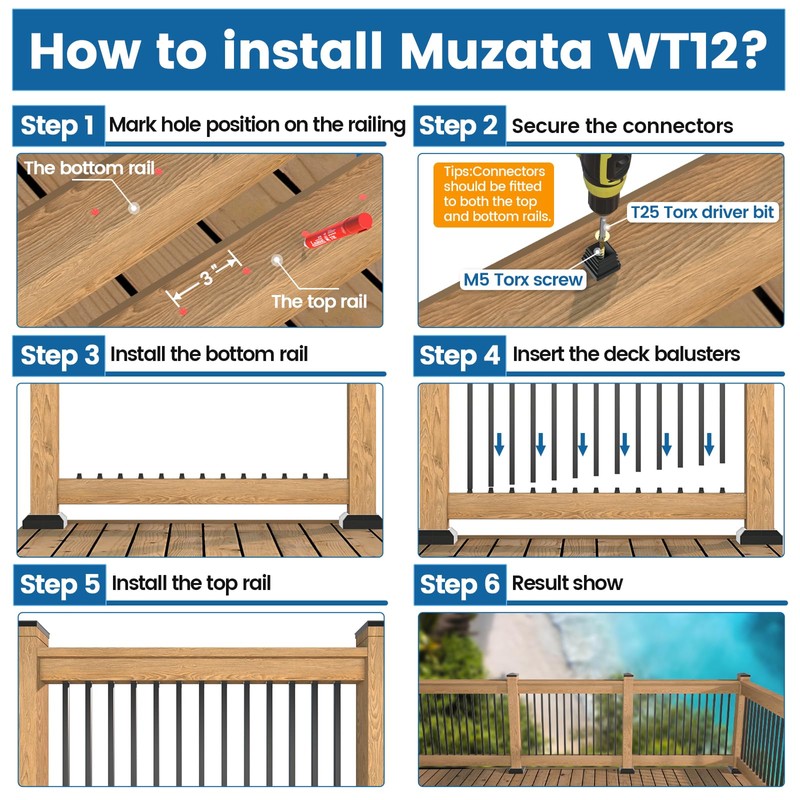 Muzata 50Pack 26" x3/4" Aluminum Deck Balusters Square Baluster Deck