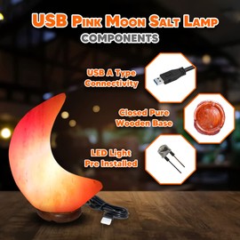 USB Moon Shape Himalayan Salt Lamp Pink Rock Crystal Light | Natural Quality Hand Crafted from Foothills of Himalayas Comes with Complete Fitting Wooden Base (USB Moon Shape Salt Lamp)
