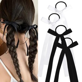 Bow Hair Ties for Women Girls Black Hair Bows Bowknot for Women Long Hair White Tassel Ribbons for Teen Girl Fashion Long Tail Ribbon Hair Ties French Bowknot Hair Accessories for Women Girls 4 PCS
