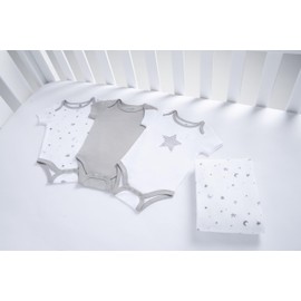 American Baby Unisex 3-Pack 100% Cotton Short Sleeve Newborn Bodysuit & Fitted Cotton Crib Sheet 28" x 52", Gray Stars and Moons