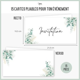 Things of Happiness 15 Invitation Cards with Envelopes for Wedding, Birthday, Christening Invitation for Youth, Communion, Confirmation, 15 Folding Cards DIN Long, Eucalyptus