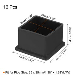 QUARKZMAN Pack of 16 PVC Square Chair Leg Caps, 35 mm x 35 mm OD Black Furniture Feet Pads, Table Foot Covers, Floor Protectors for Patio Table, Cabinet, Bed Furniture