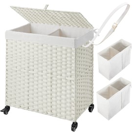 GREENSTELL Laundry Hamper with Wheels, No Install Needed, 110L Divided Handwoven Hampers & 2 Removable Liner Bags, Rattan Clothes Laundry Basket with Lid & Handles, Foldable Hampers White