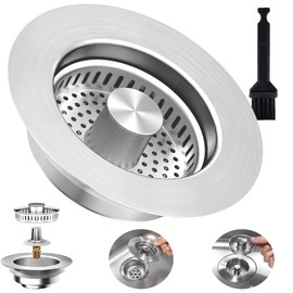3-in-1 Kitchen Sink Drain Strainer Stopper, Upgraded Stainless Steel Sink Plug with Anti-Clog Filter Basket, Fits Standard 3-1/2 Inch Drain Hole, Pop Up Garbage Disposal Cover, Universal Food Catcher