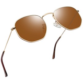 Joopin Square Polarized Sunglasses Womens Trendy, Thin Gold Rim Hexagon Sun Glasses UV Protection, Vintage Geometric Brown Shades for Men
