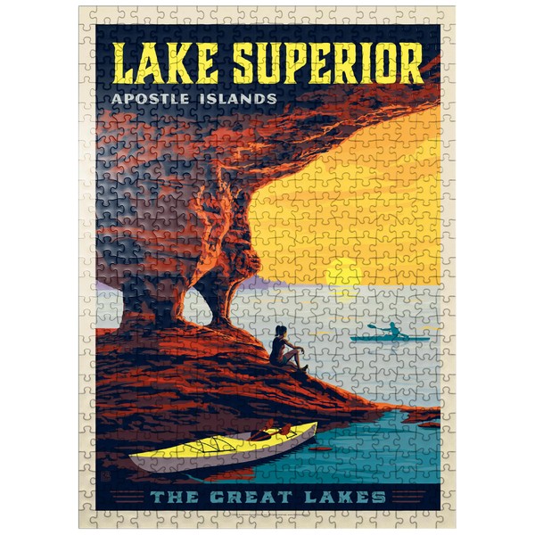 Great Lakes: Lake Superior, Vintage Poster - Premium 500 Piece Jigsaw Puzzle for Adults