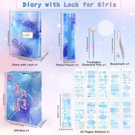 Diary with Lock for Girls Ages 8-12, Birthday Gifts for Girls 8 9 10 11 12 13 14 Year Old Journal with Lock, Secret Diary Notebook with Pencil Case Pen Stickers Bookmark Gifts for Teen Girls