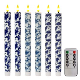 NjaoHoo 9.6" Chinoiserie Flameless Taper Candles with Remote, 6 Pcs Blue and White LED Taper Candlesticks Battery Operated Chinoiserie Decor for Wedding Party Home Table Centerpiece