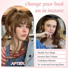 Clip in Fringe,100% Real Human Hair Toppers for Thinning Hair 360° Cover Clip on Bangs for Women Wispy Fake Bangs For HairPieces (Light Brown, 3D Wispy Bangs)